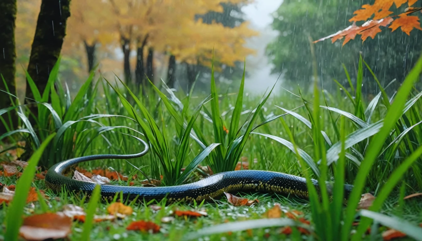 there is a Ophiopogon jaburan that is sitting on the grass, nature documentry footage, youtube video screenshot, today's featured photography 4k, autumn rain turkel, nature photography 4k, november, cinematic widescreen shot, leaves and magic, high quality screenshot, 2 0 2 1 cinematic 4 k framegrab, wide screenshot、雪が薄く積もっている