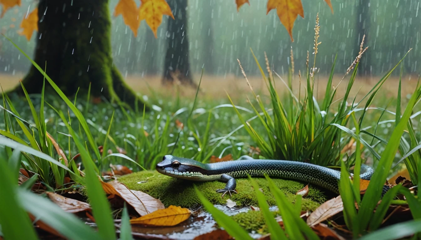 there is a Ophiopogon jaburan that is sitting on the grass, nature documentry footage, youtube video screenshot, today's featured photography 4k, autumn rain turkel, nature photography 4k, november, cinematic widescreen shot, leaves and magic, high quality screenshot, 2 0 2 1 cinematic 4 k framegrab, wide screenshot、雪が薄く積もっている