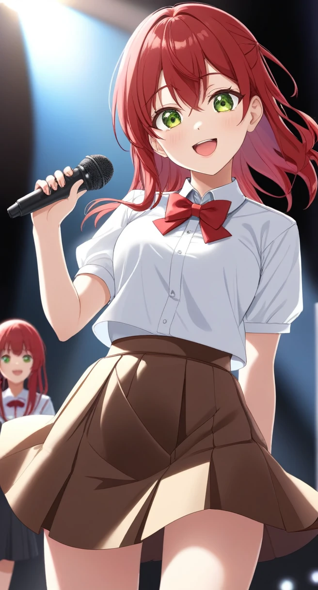 One girl,(masterpiece,Highest quality,Highly detailed CG Unity 8k wallpaper),alone,One girl,alone,red_hair,white_background,shirt,length_hair,green_eye,One_~ side_superior,前hair,hair_between_eye,yellow_eye,Black nails,Concert Stage,red stage lights,holding microphOne,Open your mouth,Brown Serafuku,red bowtie,Brown Skirt,From below,Sweat,smile,live,Cowboy Shot,figure,Botch the Rock!,blurry background,