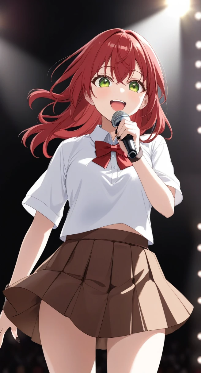 One girl,(masterpiece,Highest quality,Highly detailed CG Unity 8k wallpaper),alone,One girl,alone,red_hair,white_background,shirt,length_hair,green_eye,One_~ side_superior,前hair,hair_between_eye,yellow_eye,Black nails,Concert Stage,red stage lights,holding microphOne,Open your mouth,Brown Serafuku,red bowtie,Brown Skirt,From below,Sweat,smile,live,Cowboy Shot,figure,Botch the Rock!,blurry background,