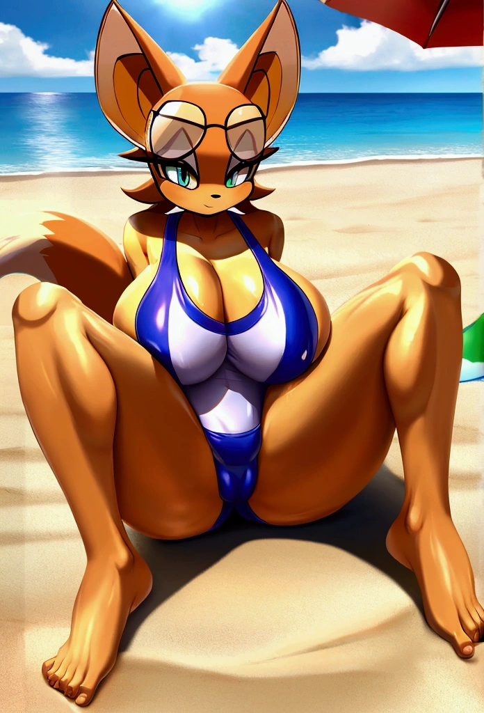 A girl，Fox Girl，Nine-tailed Fox，Animal ears，Big breasts，slim，Delicate feet，White swimsuit，Tight Fit，Wet body，Sexy，moving，Large breasts，Looking at the camera，syncope，Smirk，seaside，Beach，dusk，Sit on the ground with your legs spread，Realistic skin texture，K