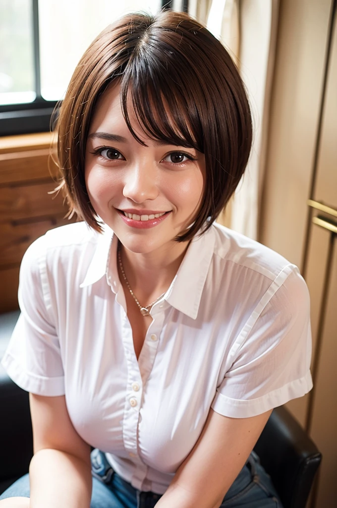 Top quality, 1 beautiful woman, super short Hair, Giddy Smile, wearing Blouse, Close Up