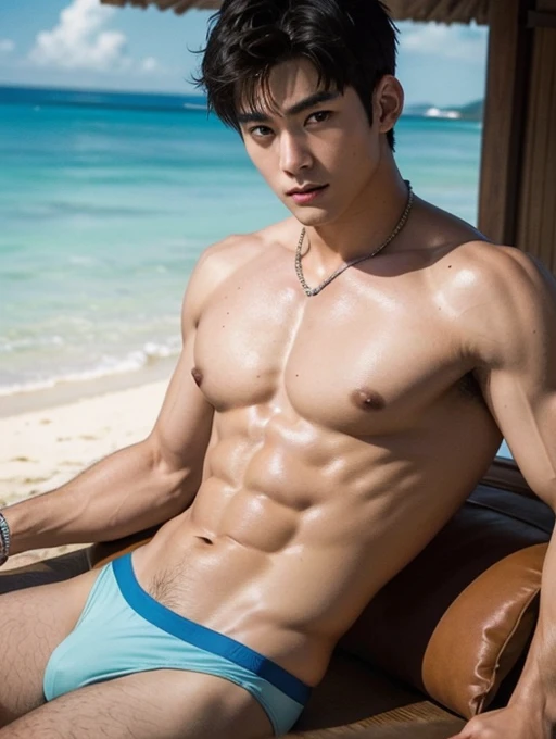 a naked man, vivid color swimwear, wearing flashy accessories、beach、resort、Bar counter on the beach、Cocktail in one hand、Shy、Completely naked、shirtless , realistic handsome Japanese face , modest muscles , masterpiece、A high resolution、Hyperrealism、detailed face、独奏、a men、glowing skin、(ASİAN)、(young、ager)、Handsome、detailed background