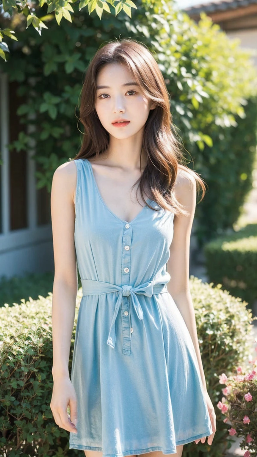 ((Best quality, 8K, masterpiece:1.3)),1girl,18 years old,Asian,Real texture:1.3,(Background blur:1.3),Dress Up,Tall and slender figure:1.2,(Hot summer weather),(garden:1.3),Highly detailed face and skin textures,Exquisite eyes,Long eyelashes,Double eyelids,Skin Whitening,happy,Breast