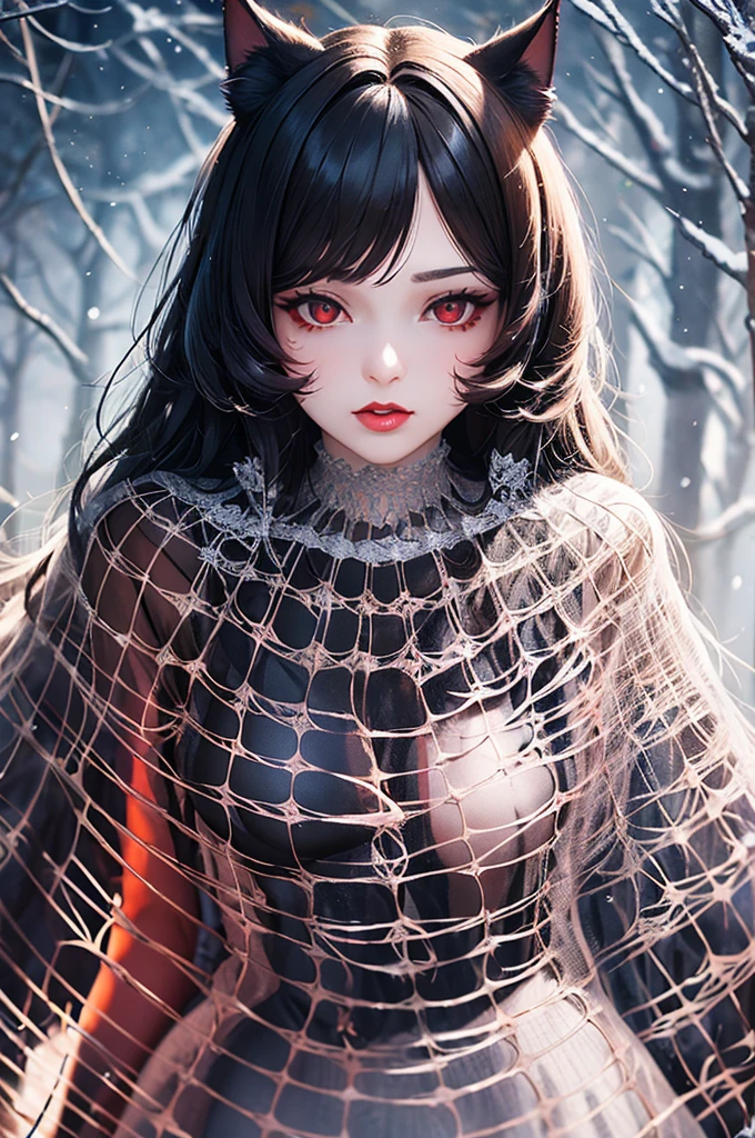 Detailed facial details，16 years old，1 girl，Red lips，Cat ear，Black long hair，Wearing snow-white lace pajamas，Large Breasts，Slim，Handcuffs，Collar，Radiant Skin，Sitting on the bed，bedroom