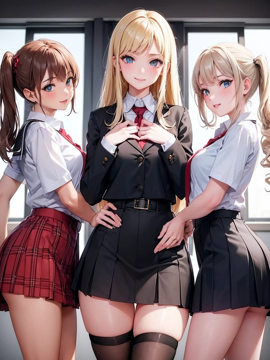 (3girls), (3 young schoolgirls) , school clothes, thigh highs, Teasing, sexy pose, putting on a show for the viewer, dynamic, classroom, dusk, (dim lighting), devious smile, light blonde, dark red, brown, light blue eyes, brown eyes, green eyes, (three Sexy girl), (Masterpiece), (Best quality), (8k)