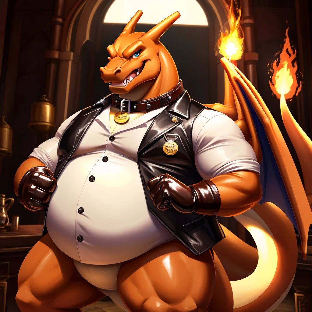 Solo, Male, fat, extremely obese, gentleman, dapper Professor Charizard, blue eyes, (posing:1.3), (soft shading), 4k, hi res, ((detailed face, detailed)), looking at viewer, mouth wide open, steampunk, collared shirt with buttons, top hat, male focus, Explorer Outfit, glasses, monocle, vest with buttons, sleeves rolled up, round eyewear, brown headwear, brown vest, Charizard is wearing a glossy leather dog collar around the neck, Charizard is wearing the leather collar and shirt and vest at the same time, Charizard is wearing glossy white rubber gloves on the hands, wearing white rubber gloves on the feet, gloves are rubber in texture, clenching teeth, clenching fists, leather collar is glossy and shiny with a lot of detail, Charizard is wearing gloves and leather collar at the same time, leather collar has a round dog-tag, leather collar is thick and detailed, leather collar is glossy and shiny, fancy clothing, dapper vest, dapper shirt, leather collar is thick, glossy leather collar.