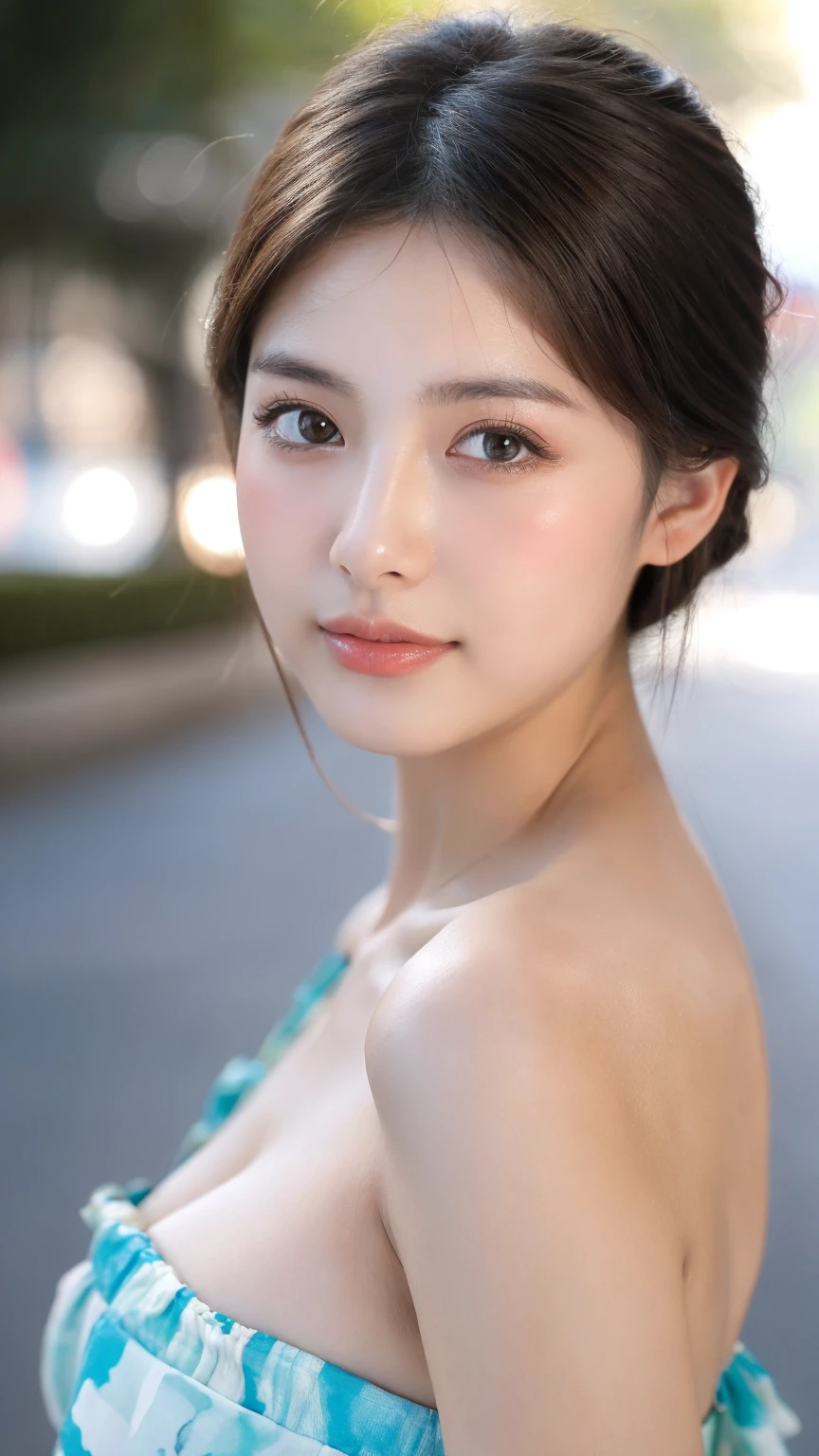 ((Best quality, 8K, masterpiece:1.3)),1girl,18 years old,Asian,Real texture:1.3,(Background blur:1.1),Dress Up,Tall and slender figure:1.2,(Hot summer weather),(street:1.3),Highly detailed face and skin textures,Exquisite eyes,Long eyelashes,Double eyelids,Skin Whitening,happy,Various postures,Breast