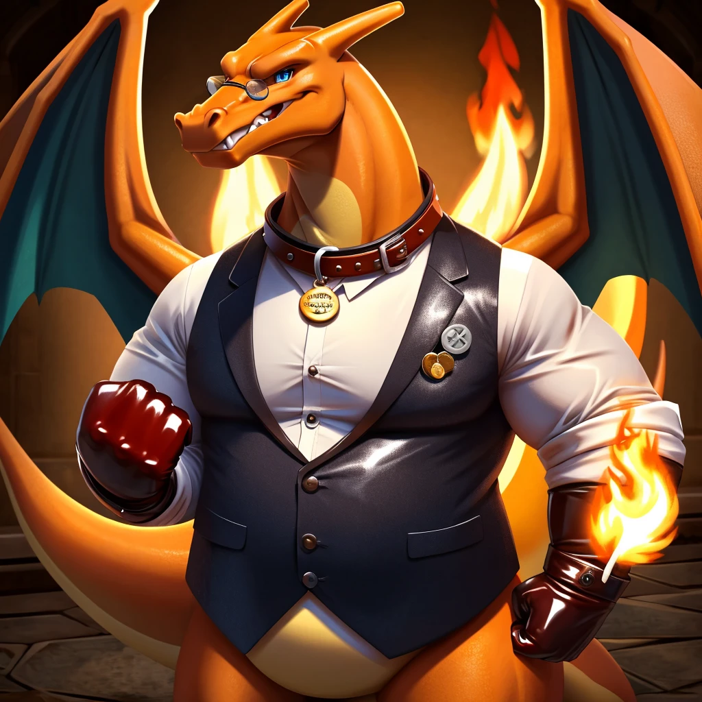 Solo, Male, fat, extremely obese, gentleman, dapper Professor Charizard, blue eyes, (posing:1.3), (soft shading), 4k, hi res, ((detailed face, detailed)), looking at viewer, mouth wide open, steampunk, collared shirt with buttons, top hat, male focus, Explorer Outfit, glasses, monocle, vest with buttons, sleeves rolled up, round eyewear, brown headwear, brown vest, Charizard is wearing a glossy leather dog collar around the neck, Charizard is wearing the leather collar and shirt and vest at the same time, Charizard is wearing glossy white rubber gloves on the hands, wearing white rubber gloves on the feet, gloves are rubber in texture, clenching teeth, clenching fists, leather collar is glossy and shiny with a lot of detail, Charizard is wearing gloves and leather collar at the same time, leather collar has a round dog-tag, leather collar is thick and detailed, leather collar is glossy and shiny, fancy clothing, dapper vest, dapper shirt, leather collar is thick, glossy leather collar.
