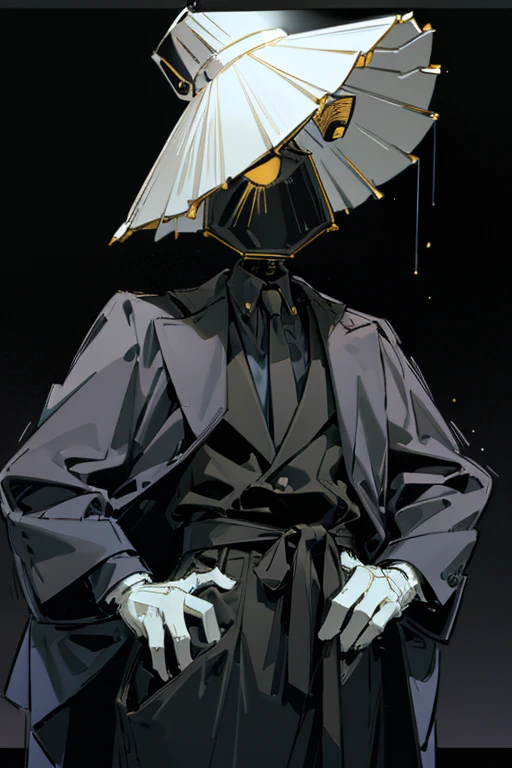 A lamp man, a dude in a dark grey business getup, katana mounted on hip, head completely covered by the lampshade, lamp for a head, head glowing, strange, humanoid, not human, lampshade illumination, white lampshade head, modern lampshade, big lampshade