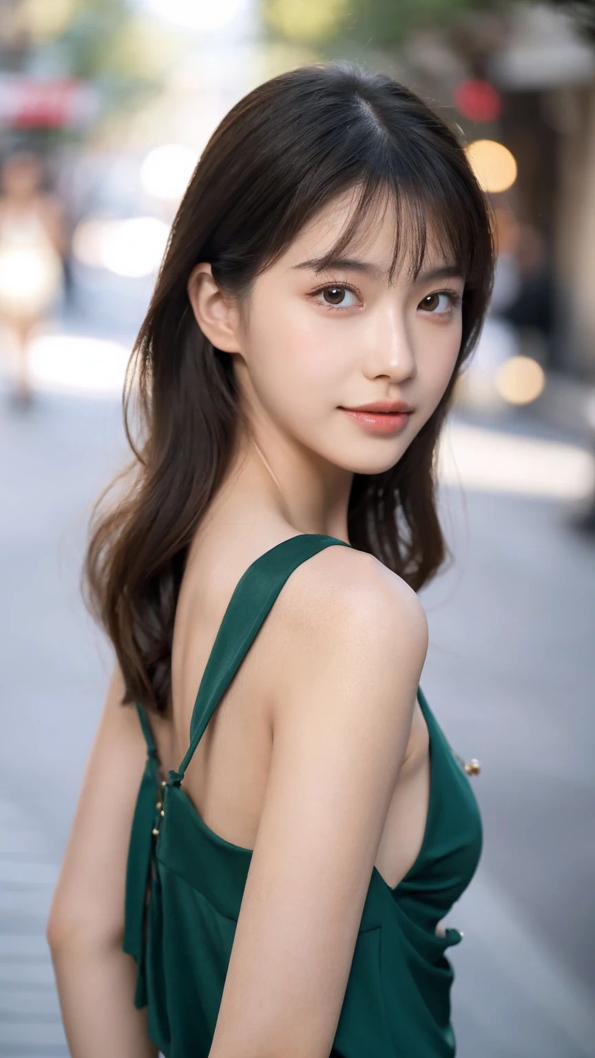 ((Best quality, 8K, masterpiece:1.3)),1girl,18 years old,Asian,Real texture:1.3,(Background blur:1.1),Dress Up,Tall and slender figure:1.2,(Hot summer weather),(street:1.3),Highly detailed face and skin textures,Exquisite eyes,Long eyelashes,Double eyelids,Skin Whitening,happy,Various postures,Breast