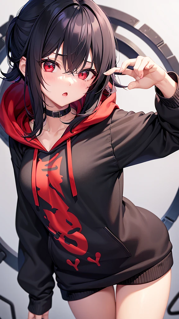 One girl、Red eyes、Black Hair、short、Black hoodie、Too much exposure、cute、Small breasts