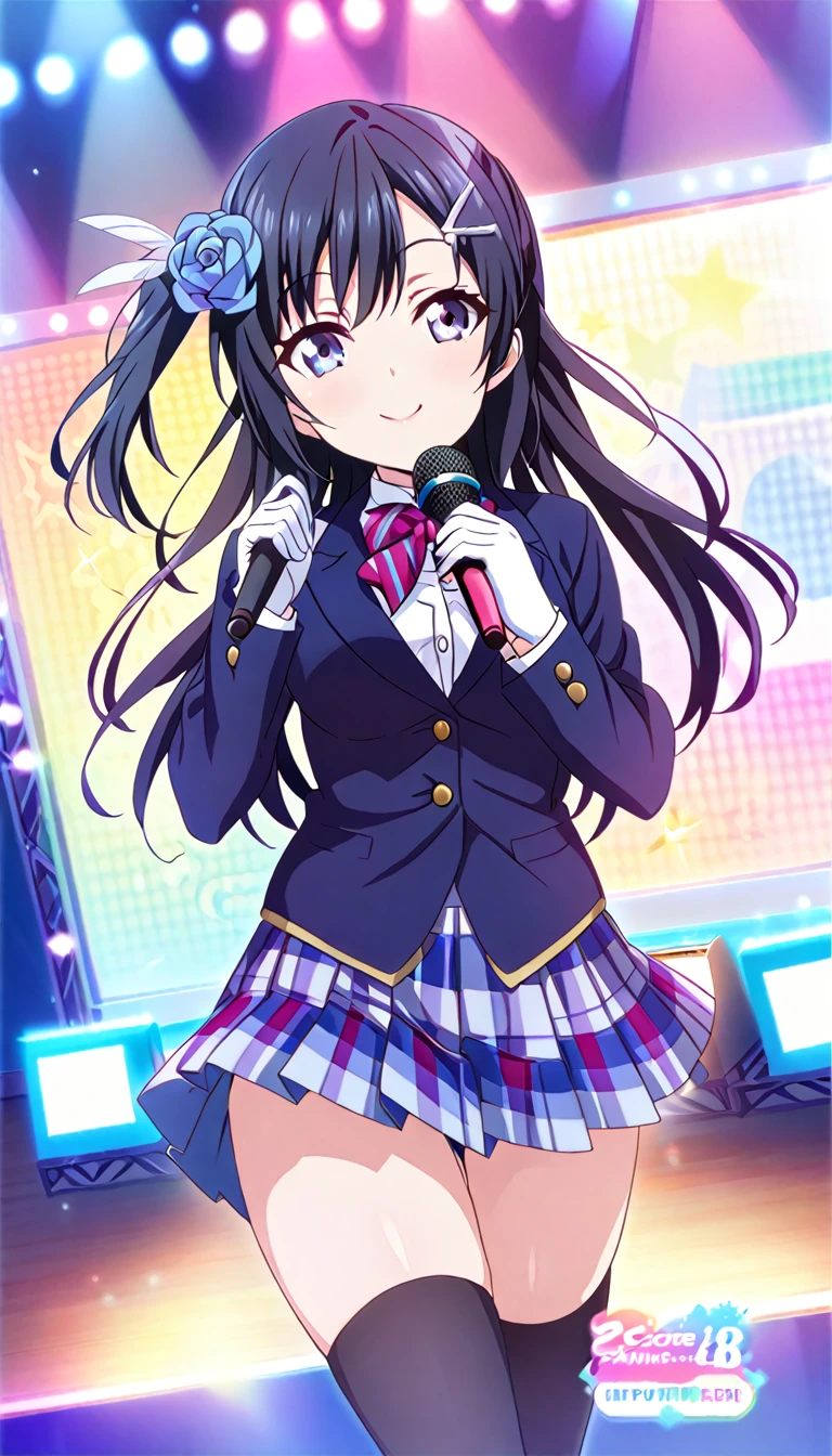 masterpiece, best quality,  one side up, feather hair ornament, hair flower, white gloves, legwear, thighhighs, on stage, holding microphone, smile (1girl), (solo), otonokizaka ,winter uniform, red striped bow tie, navy blue blazer, blue striped pleated skirt,from front, BREAK score_9, score_8_up, score_7_up, score_6_up, source_anime 