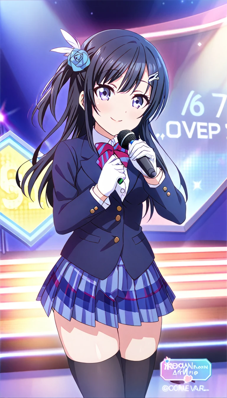 masterpiece, best quality,  one side up, feather hair ornament, hair flower, white gloves, legwear, thighhighs, on stage, holding microphone, smile (1girl), (solo), otonokizaka ,winter uniform, red striped bow tie, navy blue blazer, blue striped pleated skirt,from front, BREAK score_9, score_8_up, score_7_up, score_6_up, source_anime 