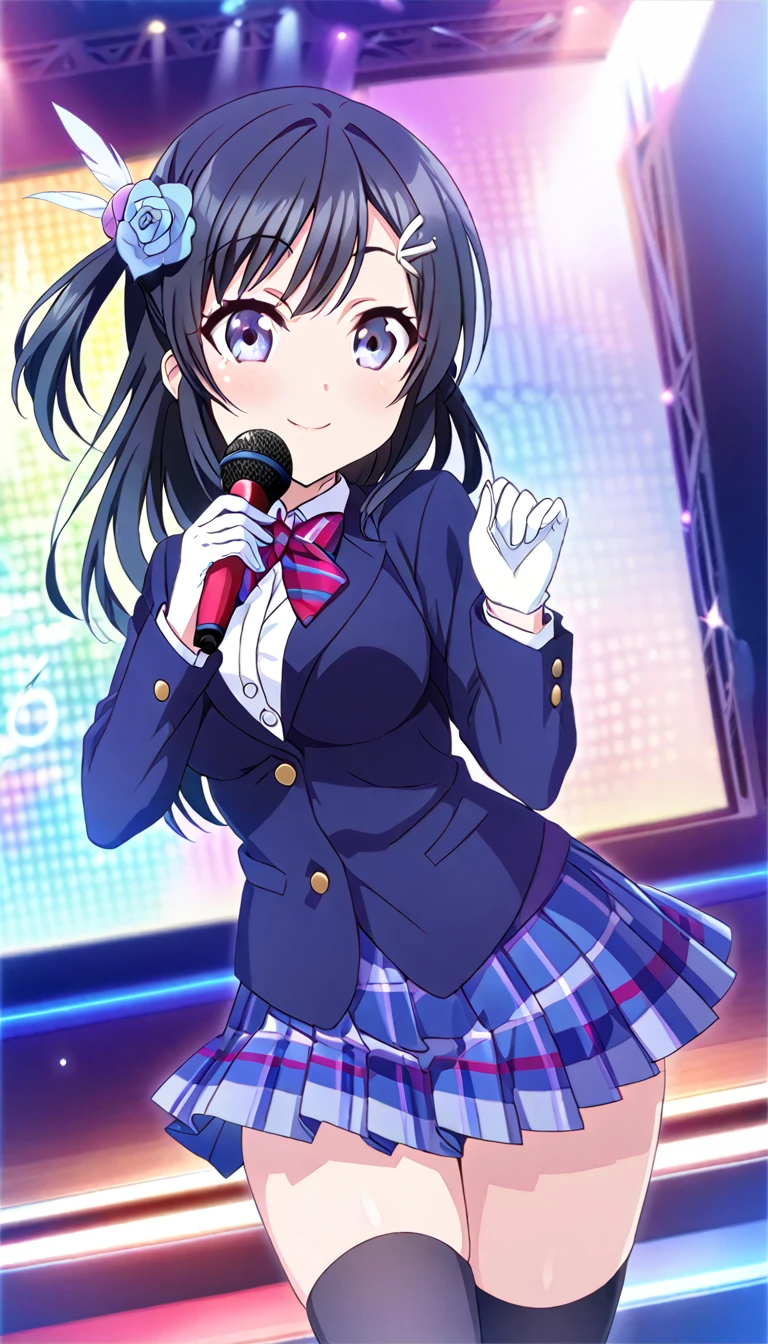 masterpiece, best quality,  one side up, feather hair ornament, hair flower, white gloves, legwear, thighhighs, on stage, holding microphone, smile (1girl), (solo), otonokizaka ,winter uniform, red striped bow tie, navy blue blazer, blue striped pleated skirt,from front, BREAK score_9, score_8_up, score_7_up, score_6_up, source_anime 