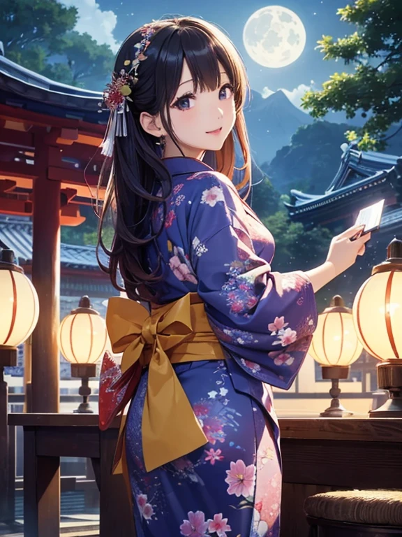 (Highest quality、masterpiece、High resolution、8K)、Vibrant colors、Japanese Festivals、Digital Art、City of night、A full moon in the distance、Midsummer evening、Beautiful yukata、Move the fan、