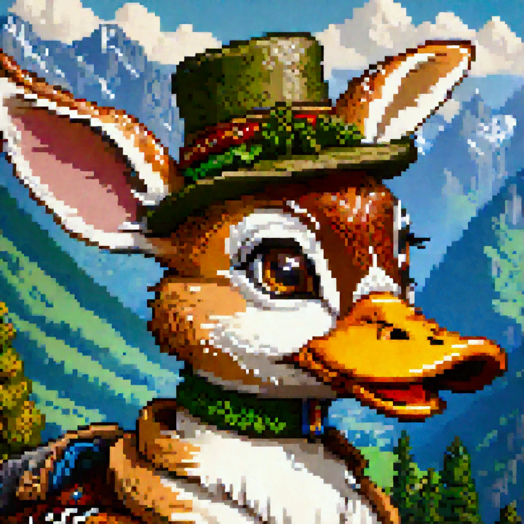 A detailed, hyperrealistic 4K of a Bavarian Wilpertinger from a duck, A rabbit, and a deer, with Tyrolean hat, with sharp edges, in a mountain landscape in the background