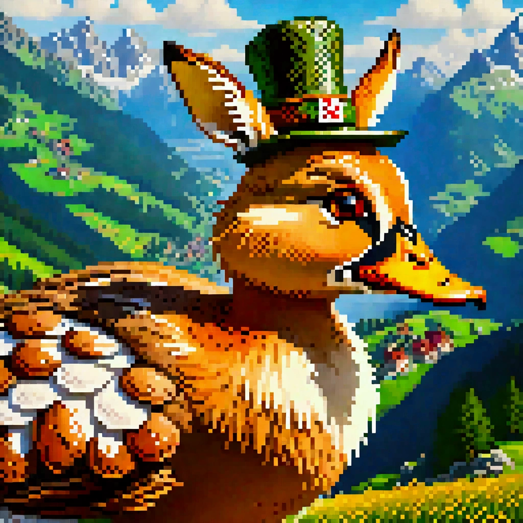 A detailed, hyperrealistic 4K of a Bavarian Wilpertinger from a duck, A rabbit, and a deer, with Tyrolean hat, with sharp edges, in a mountain landscape in the background