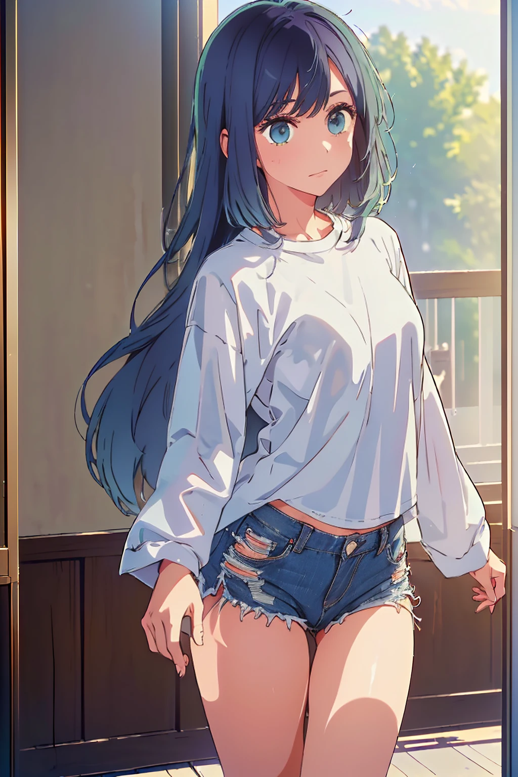 (Highest quality:1.4、masterpiece:1.4、Super detailed:1.4、8K:1.4)、((((1 person、Surprised expression、Dance Studio、Oversized、White long sleeve T-shirt、denim、Long Hair、Big eyes、Very cute face))))、F cup bust、Medium breast