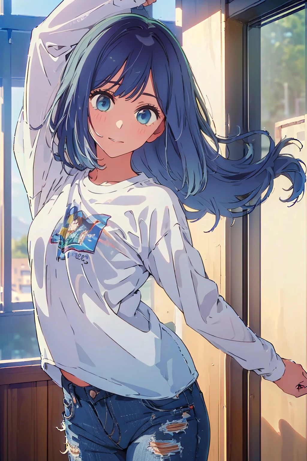 (Highest quality:1.4、masterpiece:1.4、Super detailed:1.4、8K:1.4)、((((1 person、Surprised expression、Dance Studio、Oversized、White long sleeve T-shirt、denim、Long Hair、Big eyes、Very cute face))))、F cup bust、Medium breast