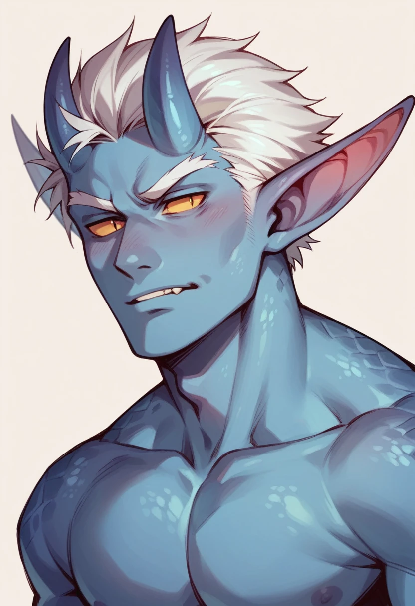 Male, half demon, fairy, white hair, blue skin, silver scales, 2 horns