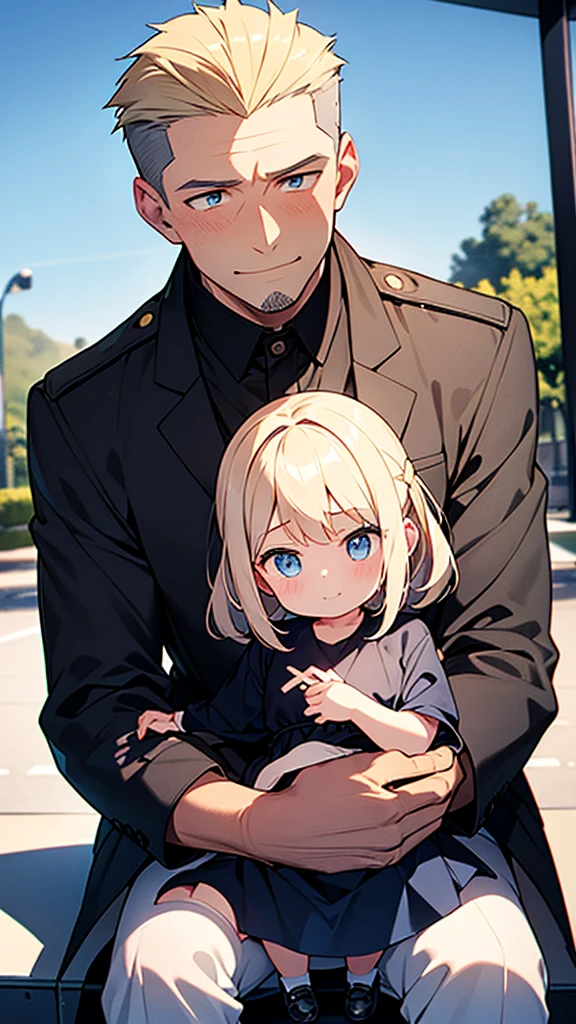 a middle aged man holding a  girl in his arms, the man wears army uniform, the man has grey hair and blue eyes, the girl has blonde hair and blue eyes, a photo, the man has a smile, the girl is emotionless, the girl sits on the man's arms, father and daughter, qhly, 