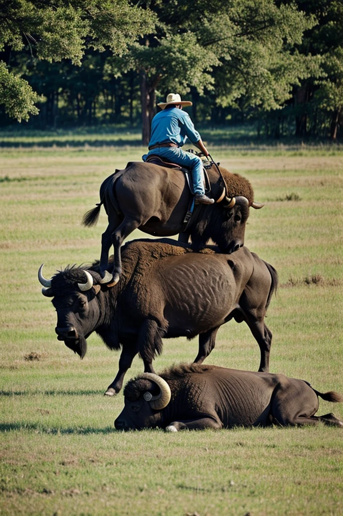 riding on the back of a buffalo in the grass