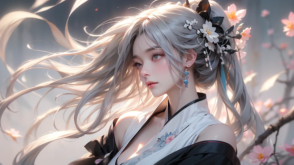 super high quality, masterpiece, Perfect illustration, Very detailed (Exquisite light and shadow, Very dramatic photo,Backlight) , ((Gray Hair:1.5))1 Girl,(( alone:1.6)), (Wearing Han clothes, Black and white Hanfu,Monotony,Long sleeve) Flower Field, Flowers, (White smoke:1.3) (Realistic:1.4), Zen Intertwining, Tangled, Official Art, unity 8k wallpaper, Very detailed, Beautiful and beautiful, masterpiece, Highest quality, (Dynamic Angle: 1.4), Glowing Skin, (Floating colorful flashes: 1) The most beautiful chaotic shapes, elegant, Brutalist Design, Bright colors, Romantic Depth of Field Exotic_dance, half_?????、Expose your shoulders、Ample breasts、Great cleavage、