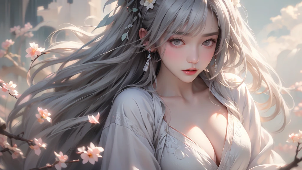 super high quality, masterpiece, Perfect illustration, Very detailed (Exquisite light and shadow, Very dramatic photo,Backlight) , ((Gray Hair:1.5))1 Girl,(( alone:1.6)), (Wearing Han clothes, Black and white Hanfu,Monotony,Long sleeve) Flower Field, Flowers, (White smoke:1.3) (Realistic:1.4), Zen Intertwining, Tangled, Official Art, unity 8k wallpaper, Very detailed, Beautiful and beautiful, masterpiece, Highest quality, (Dynamic Angle: 1.4), Glowing Skin, (Floating colorful flashes: 1) The most beautiful chaotic shapes, elegant, Brutalist Design, Bright colors, Romantic Depth of Field Exotic_dance, half_naked、Expose your shoulders、Ample breasts、Great cleavage、