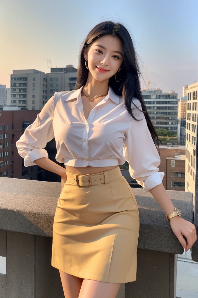 Rooftop of university building, 4th year university student, ((full body)), ((photo)), ((best qualtiy, 8K, tmasterpiece:1.3)), Focus:1.2, perfect figure beautiful girl:1.4, 1girl, cowboy shot, look at viewer, eyes facing the camera, incredibly absurd, beautiful and cute girl with a photorealistic face, showcasing top-quality craftsmanship, A Japanese girl watching the sunset on the roof of a university building, 19 years old, long, straight, silky black hair, fair skin, big eyes, thin eyebrows, double eyelids, long eyelashes, pink lips, smile, devilish smile, gorgeous features, well-defined facial features, beautiful face line, mysterious beauty, slender, tall, well-balanced proportions, large E-cup breasts, white shirt, tight black skirt, beige pumps, gold necklace and bracelet, small earrings, elegant ring, pretty girl, beauty, devilish type, pretty older sister, passionate about art, sociable, friendly, positive, has leadership skills, is proactive, is flexible, gets things done efficiently, works hard towards dreams and goals, March