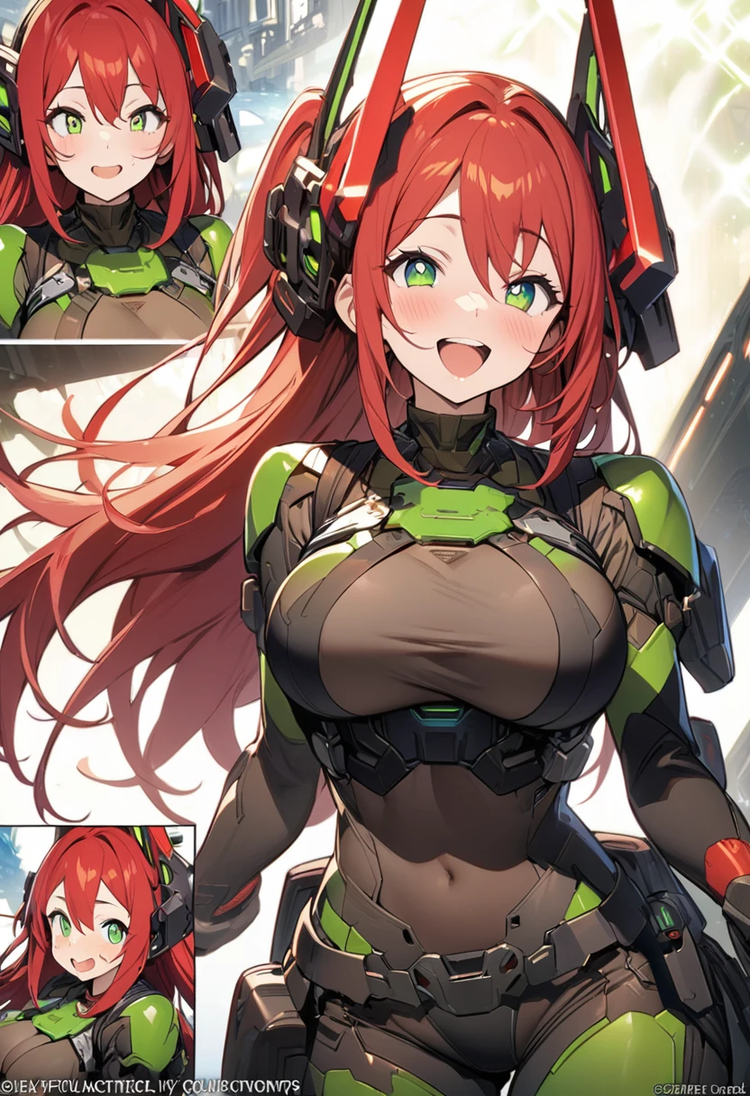 (masterpiece), best quality, expressive eyes, perfect face, long red hair, shining green eyes, fair skin, joyful, futuristic tactical gear, big breasts, simple headgear, character concept art