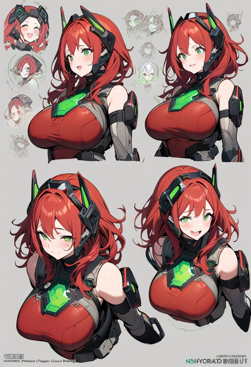 (masterpiece), best quality, expressive eyes, perfect face, long red hair, shining green eyes, fair skin, joyful, futuristic tactical gear, big breasts, simple headgear, character concept art