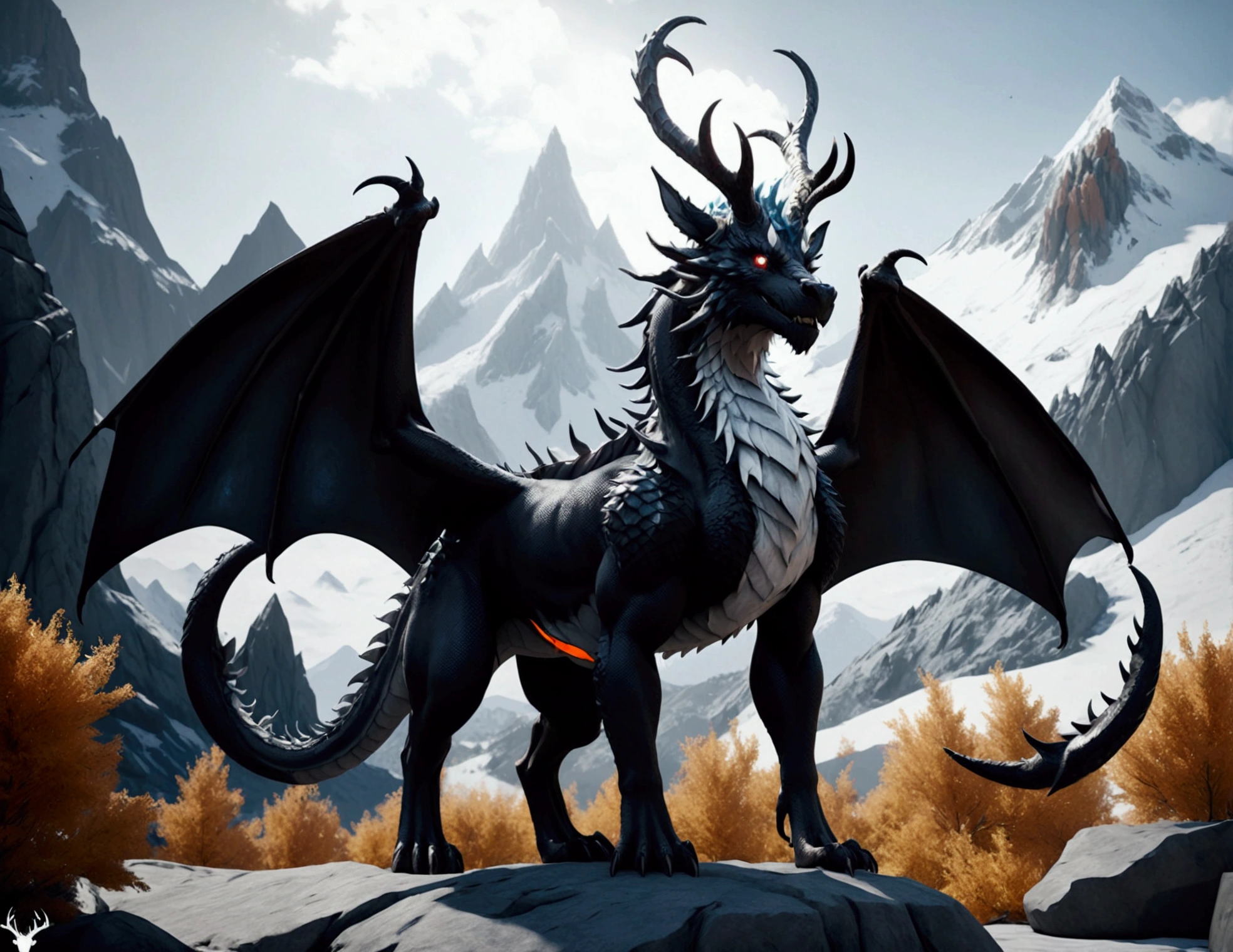 full body portrait of a realistic female obsidian black dragon, wings, horns, antlers, twisting horns, curled horns, wolf shaped head, glowing white eyes, mysterious mountain scenery, full body, cinematic, render, 8k, unreal engine, realistic, masterpiece, high detail, full body, low life, volumetric lighting