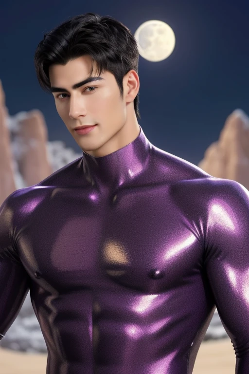 quarter body photorealistic handsome hunky fractal masculine black haired Cresc wearing a Violet with gold transparent crystal chrome glass trimmings super suit , look at camera, detailed face parts,, moon as background, Freestyle Pose, Happy Expression, perfect anatomy, symmetric body,, 18 years old, :: high detail, a lean athletic body, realistic, human skin, extremely detailed fingers, chad chin,, masculine, human skin, , gorgeous, Attractive. super bulges in action . camera focus face front