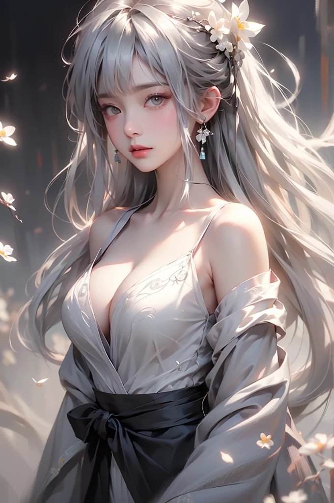 super high quality, masterpiece, Perfect illustration, Very detailed (Exquisite light and shadow, Very dramatic photo,Backlight) , ((Gray Hair:1.5))1 Girl,(( alone:1.6)), (Wearing Han clothes, Black and white Hanfu,Monotony,Long sleeve) Flower Field, Flowers, (White smoke:1.3) (Realistic:1.4), Zen Intertwining, Tangled, Official Art, unity 8k wallpaper, Very detailed, Beautiful and beautiful, masterpiece, Highest quality, (Dynamic Angle: 1.4), Glowing Skin, (Floating colorful flashes: 1) The most beautiful chaotic shapes, elegant, Brutalist Design, Bright colors, Romantic Depth of Field Exotic_dance, half_naked、Expose your shoulders、Ample breasts、Great cleavage、