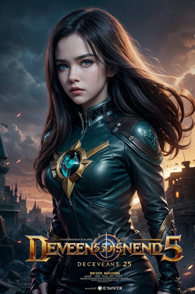 Create a movie poster,descendants 5 with the evil character with the green eye,com a logo da Disney,and behind her with the destroyed castle of Araudon