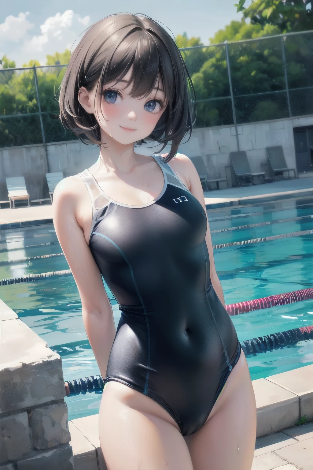 very cute and beautiful girl,(highly detailed beautiful face),(blue school swimsuit),
sweat,wet,waterdrop,
standing,arms behind back,(pool side),summer,countryside,grassland,
(smile),happy,looking at viewer,black hair,cowboy shot,
(best quality,masterpiece),absurdres,highres,ultra-detailed,extremely detailed,32k,
cinematic scene,detailed background,solo,dynamic angle,
hair fluttering in the wind,beautiful detailed sky,(realistic,photorealistic),