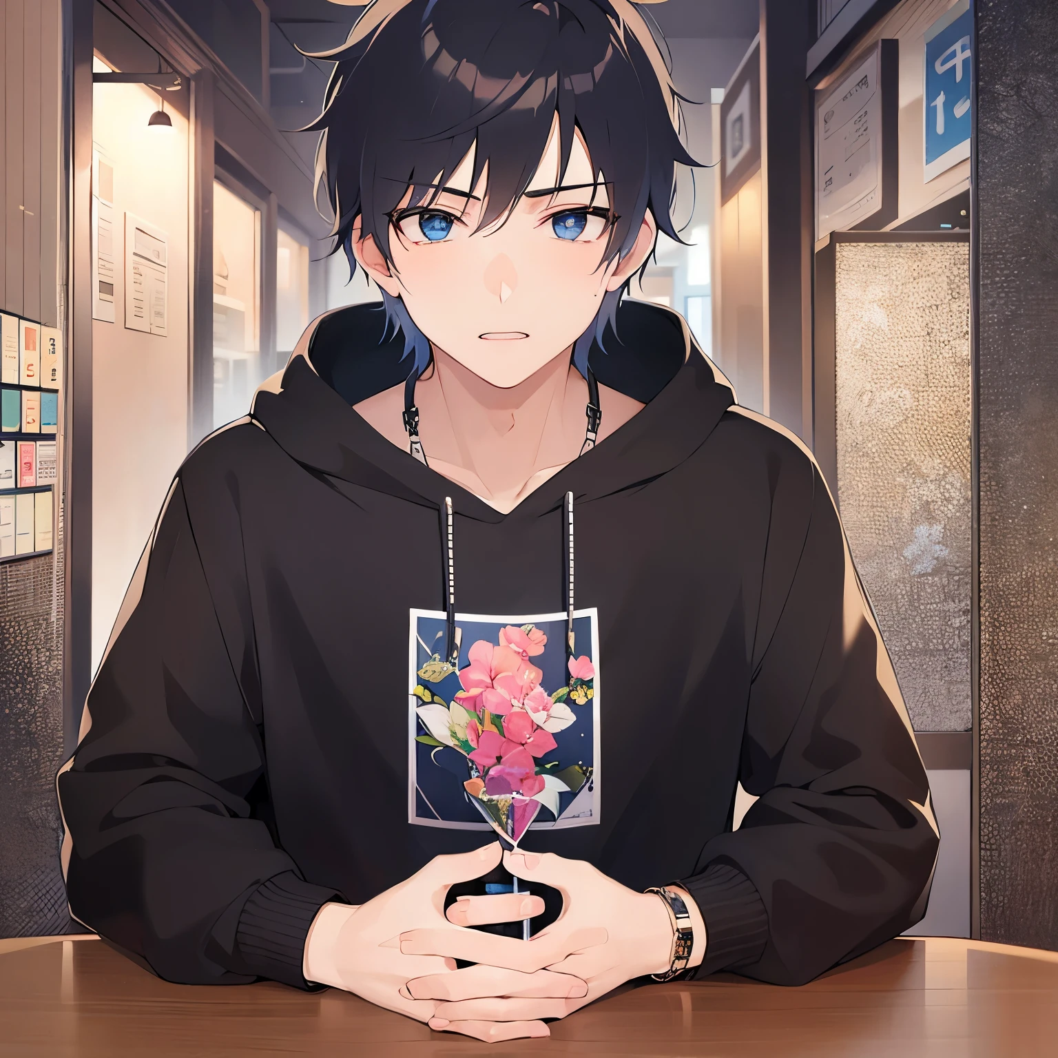 (25-year-old male:1.5) and (Black short hair) and (blue eyes)upper body,(looking at viewer:1.5), shiny skin, masterpiece、Highest quality、 black hoodie,surprised、blush, Eyes wide open、The background is the interior of an izakaya at night.