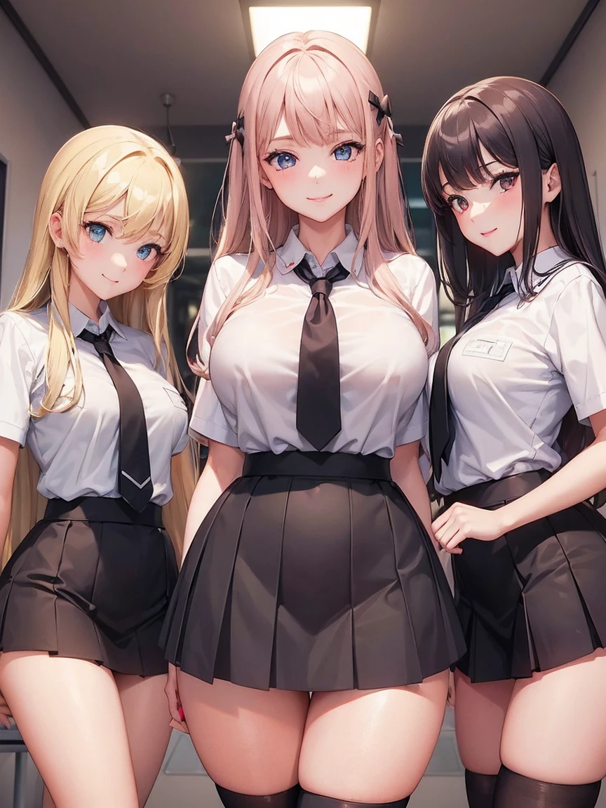(3girls), (3 young schoolgirls) , school clothes, thigh highs, Teasing, sexy pose, putting on a show for the viewer, dynamic, classroom, dusk, (dim lighting), devious smile, light blonde, dark red, brown, light blue eyes, brown eyes, green eyes, (three Sexy girl), (Masterpiece), (Best quality), (8k)
