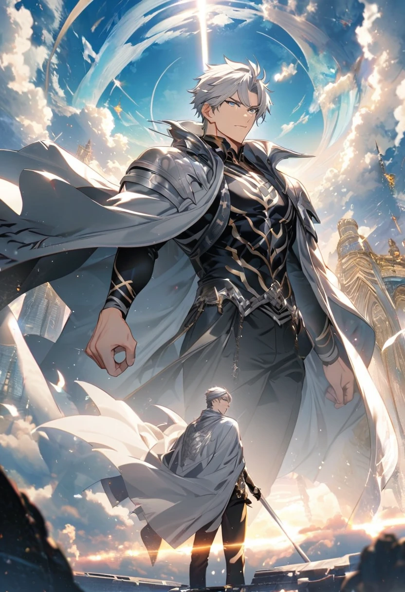 male, silver cloak, silver hair, parted bang, silver eyes, heaven, sky tiger, handsome, justice