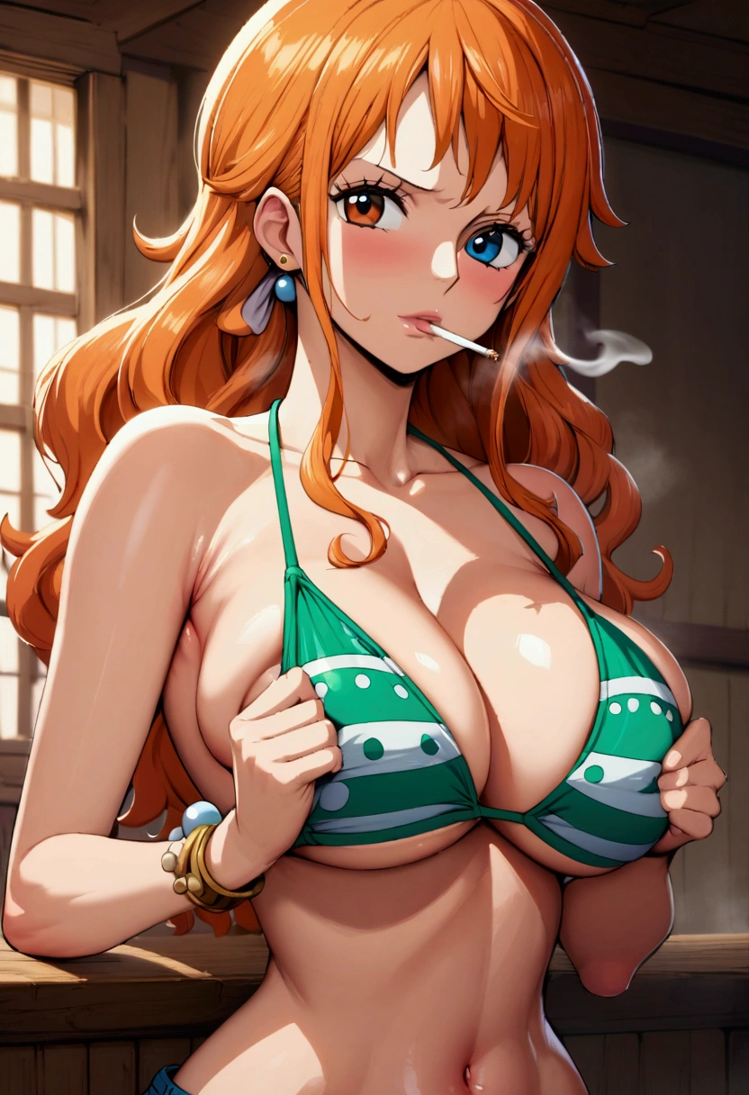 a cartoon picture of a woman in a bikini top and jeans, nami one piece, nami from one piece, nami, beautiful portrait of nami, from one piece, oppai, blue eyes, smoking, ponytail, nsfw