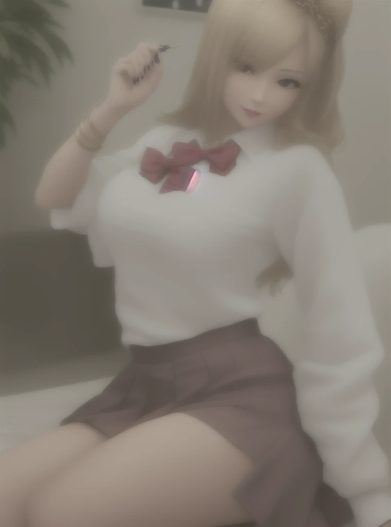 8k, solo beautiful (kogal gyaru) girl, hair accessory, jewellery, makeup, bracelet, painted nails, makeup,
((school uniform)), bow, red pleated skirt, beige sweater, , 1990-2000s Japanese age fashion
honey blonde hair, slightly darkish tanned skin