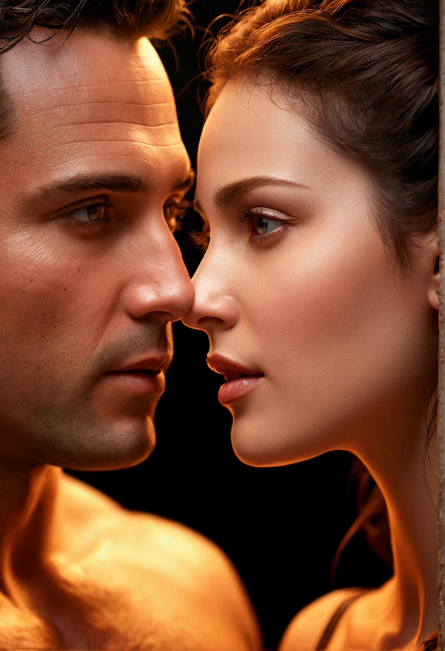 a man and a woman, extremely detailed, hyper realistic, erotic, sensual, intimate, passionate, highly detailed skin, beautiful face, intense eye contact, romantic, warm lighting, cinematic composition, photorealistic