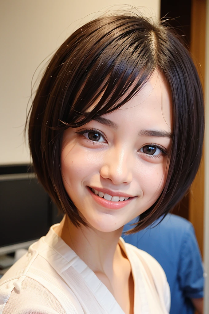 Top quality, 1 beautiful woman, super short Hair, Giddy Smile, wearing Blouse, Close Up