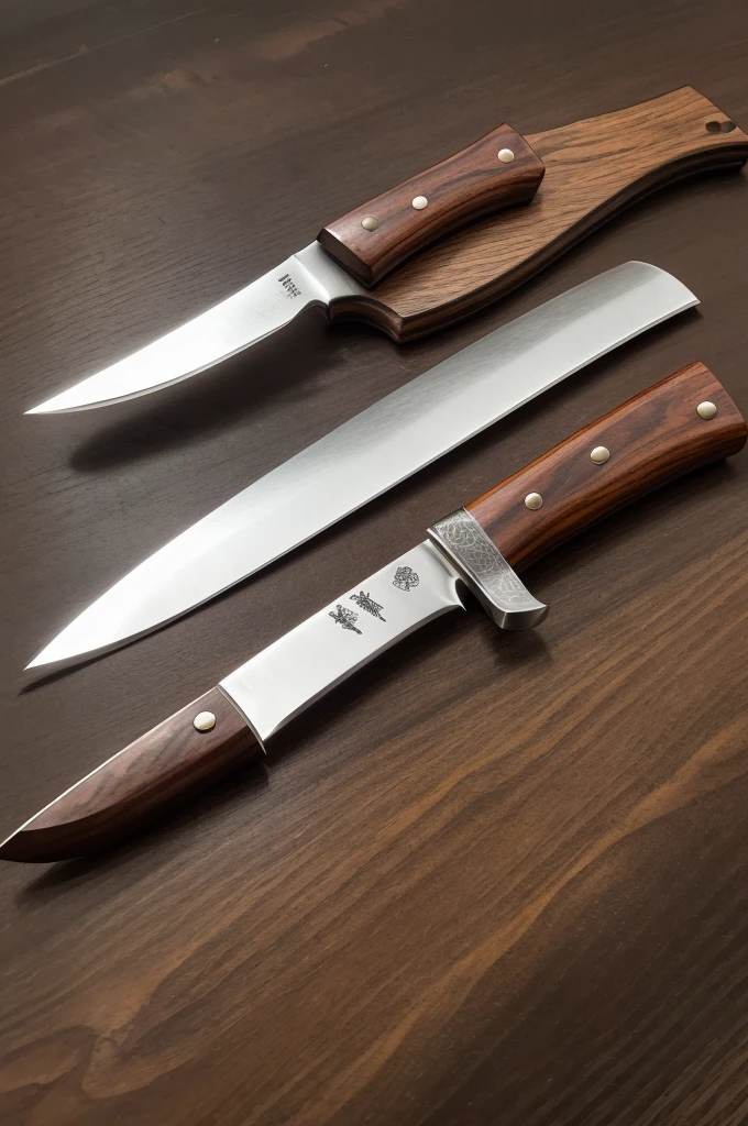 A suntoku style knife handcrafted in carbon steel , slightly curved at the top, with an anatomically shaped wooden handle 