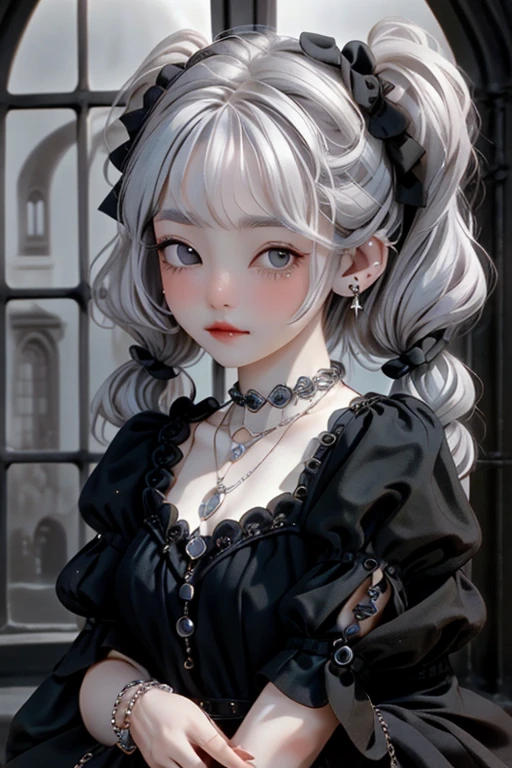 high quality, Lots of details, A girl with silver hair and twin tails poses cutely. They are dressed in vintage gothic clothing, Putting on a bracelet, Earrings and Necklaces. I can see big things. The photo is a close-up of the face, ,