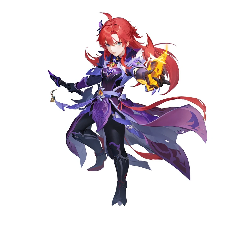 A cartoon image of a red-haired woman in a purple dress, Genshin Impact impact character, keqing from Genshin Impact impact, zhongli from Genshin Impact impact, Duelist Style, ayaka Genshin Impact impact, Genshin Impact, ayaka game Genshin Impact impact, Genshin Impact impact style, Official Character Art, video game Genshin Impact impact