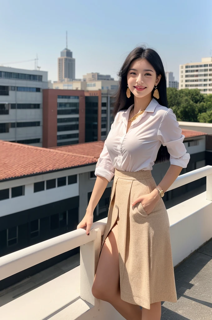 Rooftop of university building, 4th year university student, ((full body)), ((photo)), ((best qualtiy, 8K, tmasterpiece:1.3)), Focus:1.2, perfect figure beautiful girl:1.4, 1girl, cowboy shot, look at viewer, eyes facing the camera, incredibly absurd, beautiful and cute girl with a photorealistic face, showcasing top-quality craftsmanship, A Japanese girl watching the sunset on the roof of a university building, 19 years old, long, straight, silky black hair, fair skin, big eyes, thin eyebrows, double eyelids, long eyelashes, pink lips, smile, devilish smile, gorgeous features, well-defined facial features, beautiful face line, mysterious beauty, slender, tall, well-balanced proportions, large E-cup breasts, white shirt, tight black skirt, beige pumps, gold necklace and bracelet, small earrings, elegant ring, pretty girl, beauty, devilish type, pretty older sister, passionate about art, sociable, friendly, positive, has leadership skills, is proactive, is flexible, gets things done efficiently, works hard towards dreams and goals, March