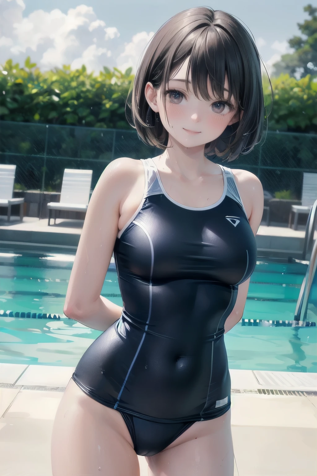 very cute and beautiful girl,(highly detailed beautiful face),(blue school swimsuit),
sweat,wet,waterdrop,
standing,arms behind back,(pool side),summer,countryside,grassland,
(smile),happy,looking at viewer,black hair,cowboy shot,
(best quality,masterpiece),absurdres,highres,ultra-detailed,extremely detailed,32k,
cinematic scene,detailed background,solo,dynamic angle,
hair fluttering in the wind,beautiful detailed sky,(realistic,photorealistic),
