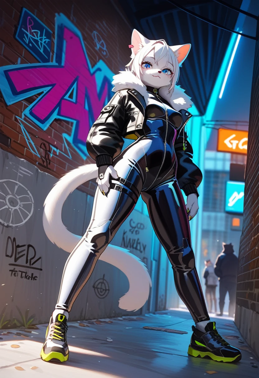 Highest quality, Highest quality, High quality illustrations, masterpiece, Ultra-high resolution, Detailed Background, skyscraper, rooftop, night, Absurd, Perfect Anatomy, performance, Good lighting, Shadows in the movies(kemono, Furry PersonifiCation), Cat, White Rubber Suit, latex, neon, neonライト, neonカラー, Bodysuits, Cyber Suit, cyber punk, Rubber Hoodie, Smoking shisha, Earrings, Tattoo Dynamic Angle